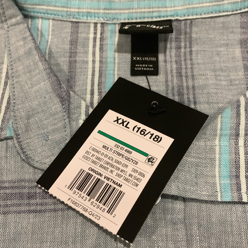 Art class Boy’s Blue, Gray, White striped Button down shirt. NEW Size XXL 16-18 - Picture 3 of 5